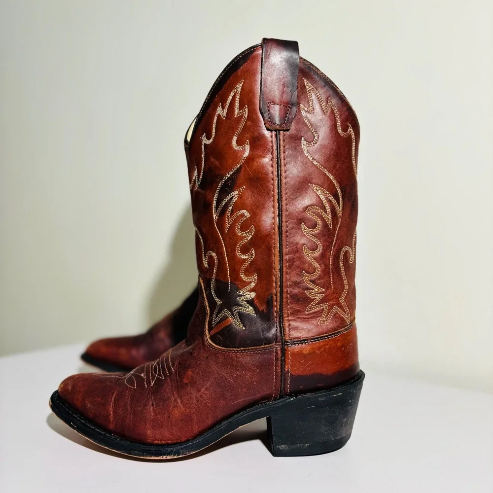 OLD‎ WEST CALF YOUTH WESTERN LEATHER BOOTS SIZE 4.5 - CCY8152G